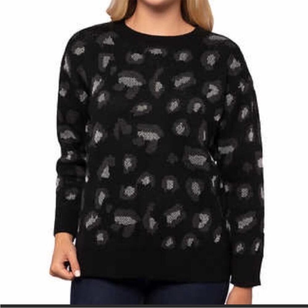 New! Kendall + Kylie Black Leopard Animal Print Crewneck Sweater Womens XL